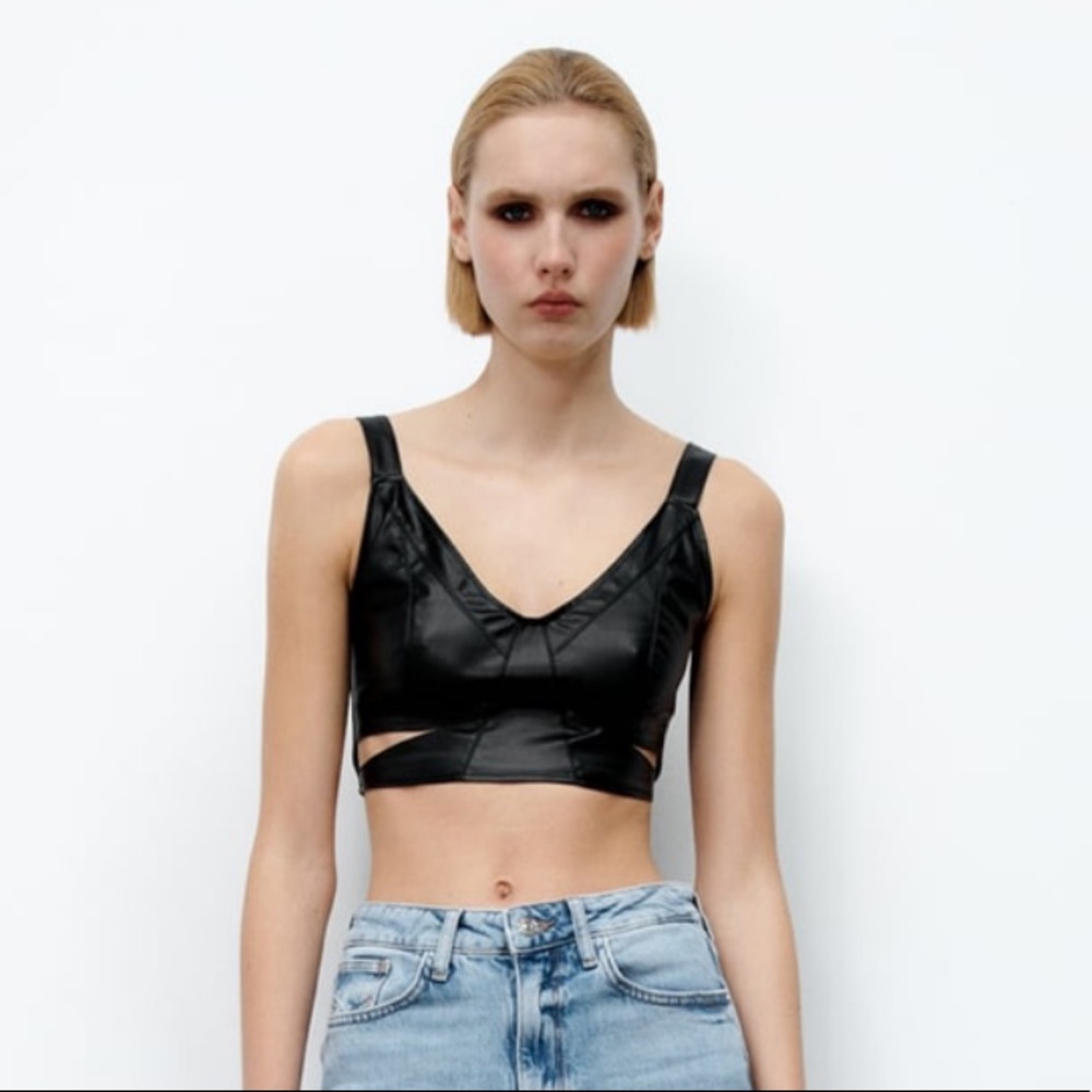 Zara Faux Leather Cut Out Top in Black, Size Small